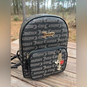 Juicy Couture Good Vibes Backpack Black/Taupe Gothic & Gold Tone Bag Charms